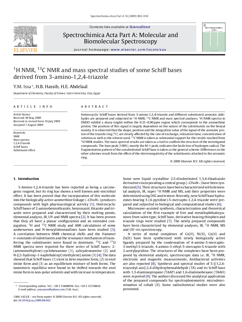 1H NMR, 13C NMR and mass spectral studies of some Schiff bases derived from 3-amino-1,2,4-triazole