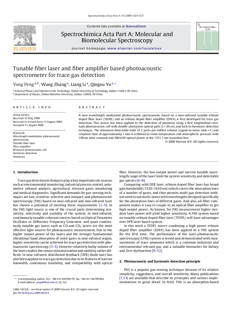 Tunable fiber laser and fiber amplifier based photoacoustic spectrometer for trace gas detection