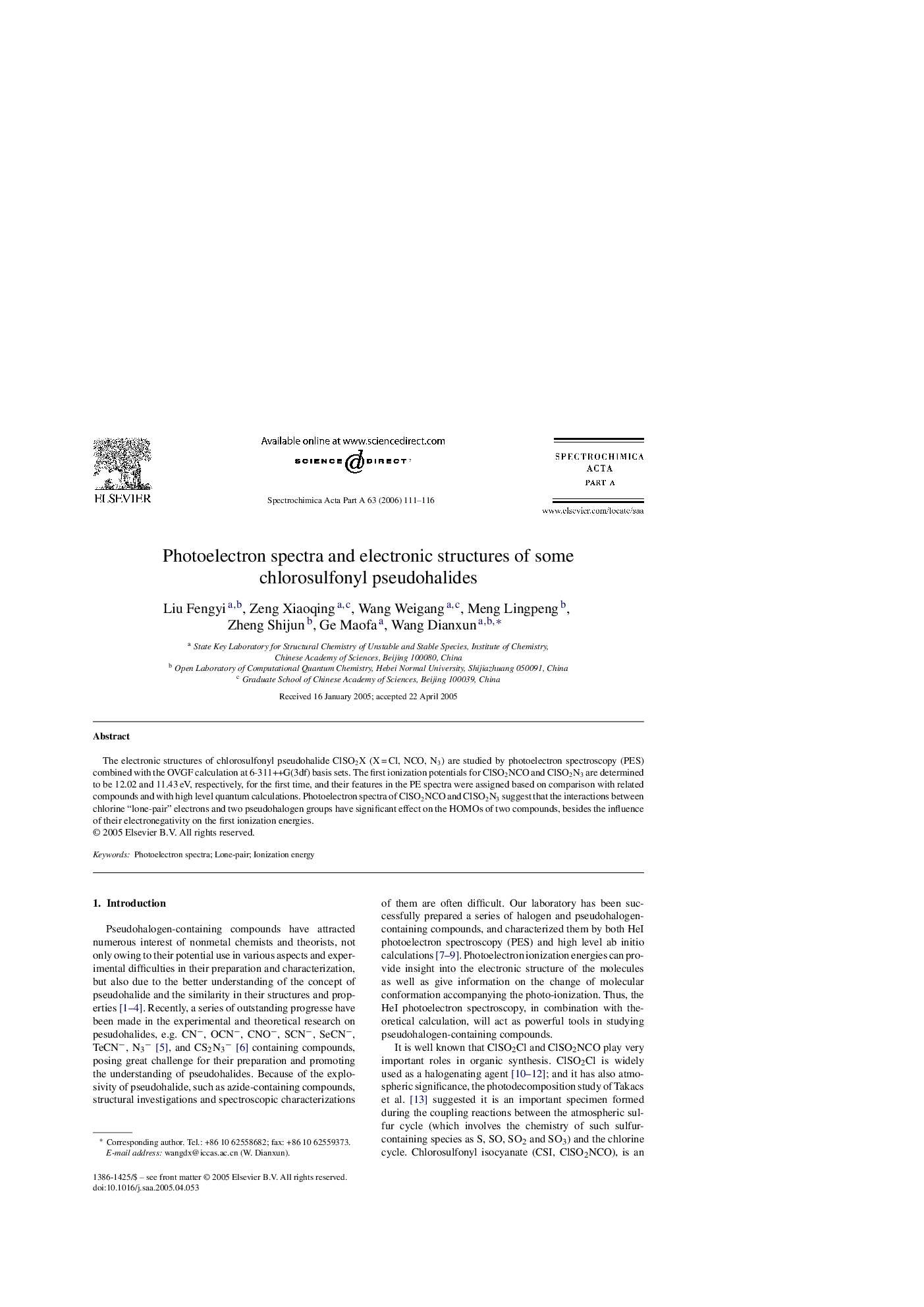 Photoelectron spectra and electronic structures of some chlorosulfonyl pseudohalides