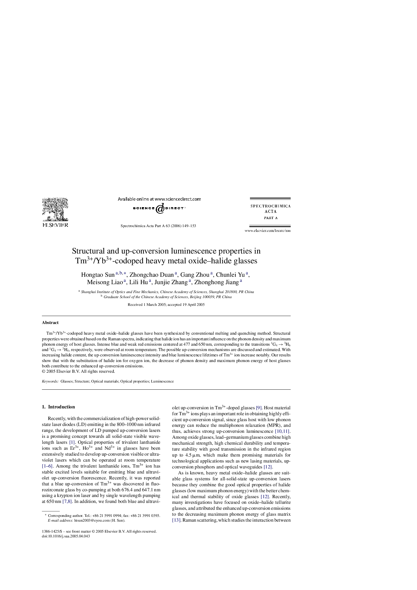 Structural and up-conversion luminescence properties in Tm3+/Yb3+-codoped heavy metal oxide–halide glasses