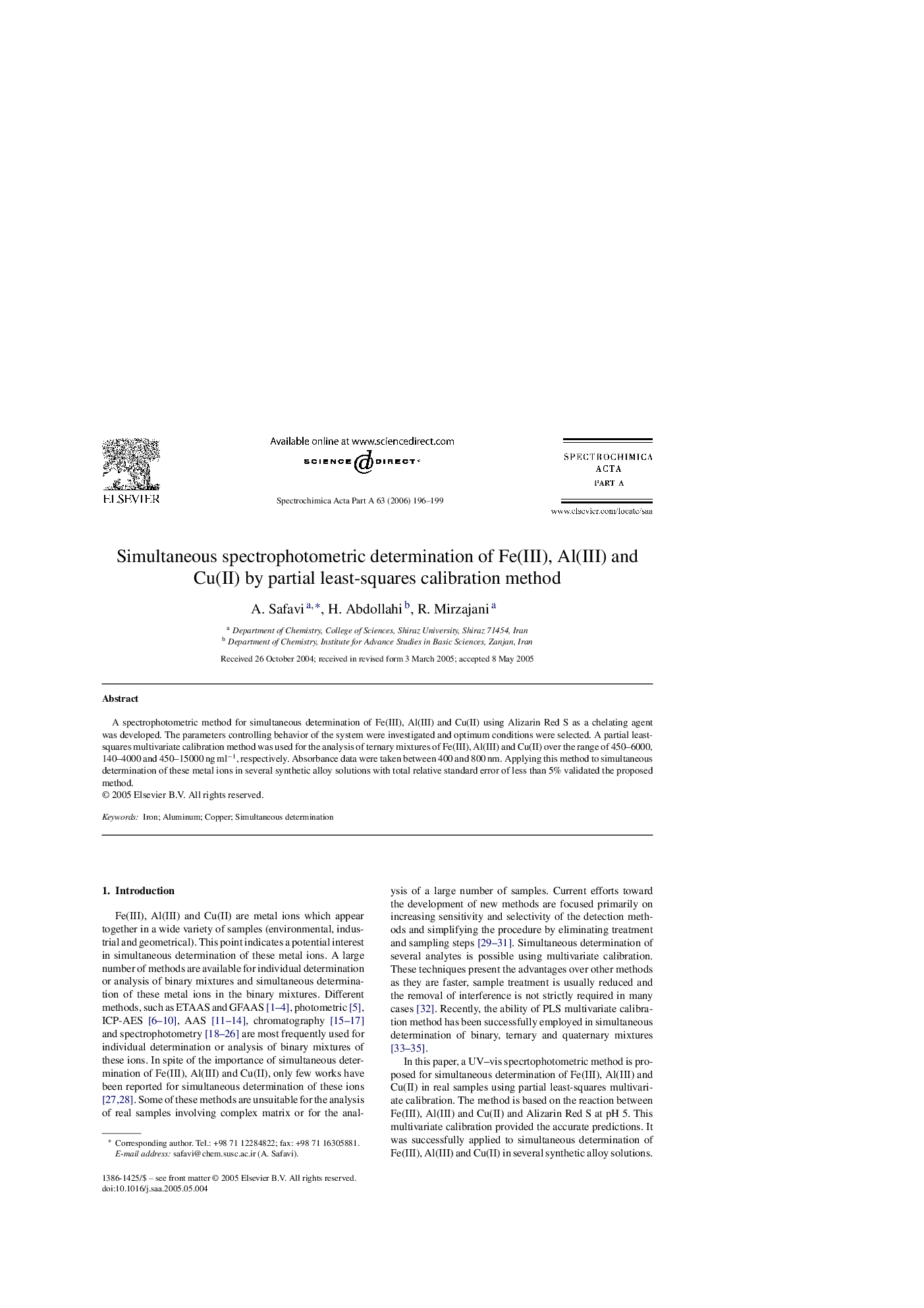 Simultaneous spectrophotometric determination of Fe(III), Al(III) and Cu(II) by partial least-squares calibration method