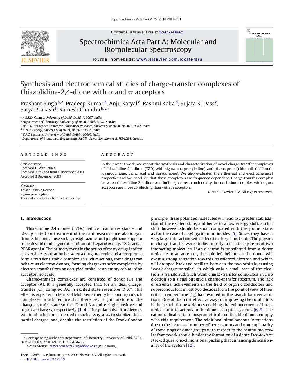 Synthesis and electrochemical studies of charge-transfer complexes of thiazolidine-2,4-dione with Ï and Ï acceptors