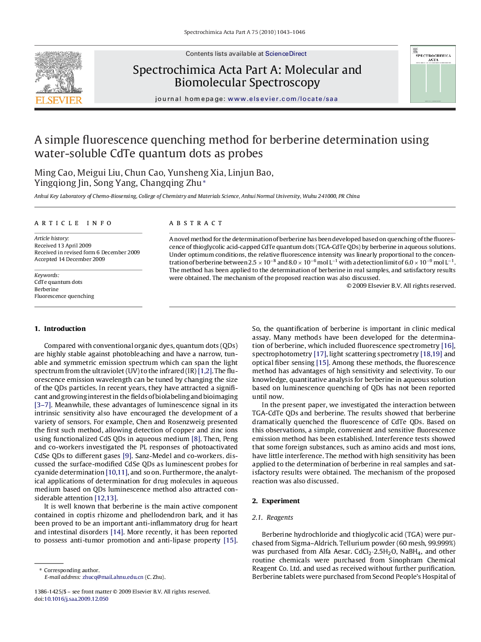 A simple fluorescence quenching method for berberine determination using water-soluble CdTe quantum dots as probes