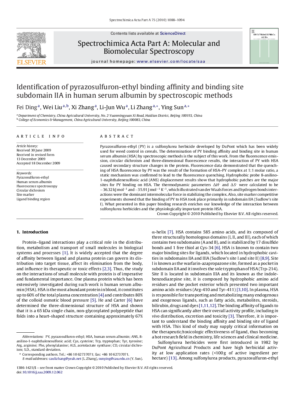 Identification of pyrazosulfuron-ethyl binding affinity and binding site subdomain IIA in human serum albumin by spectroscopic methods