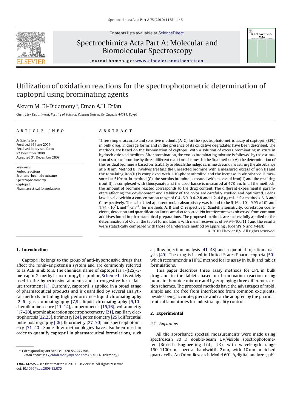 Utilization of oxidation reactions for the spectrophotometric determination of captopril using brominating agents