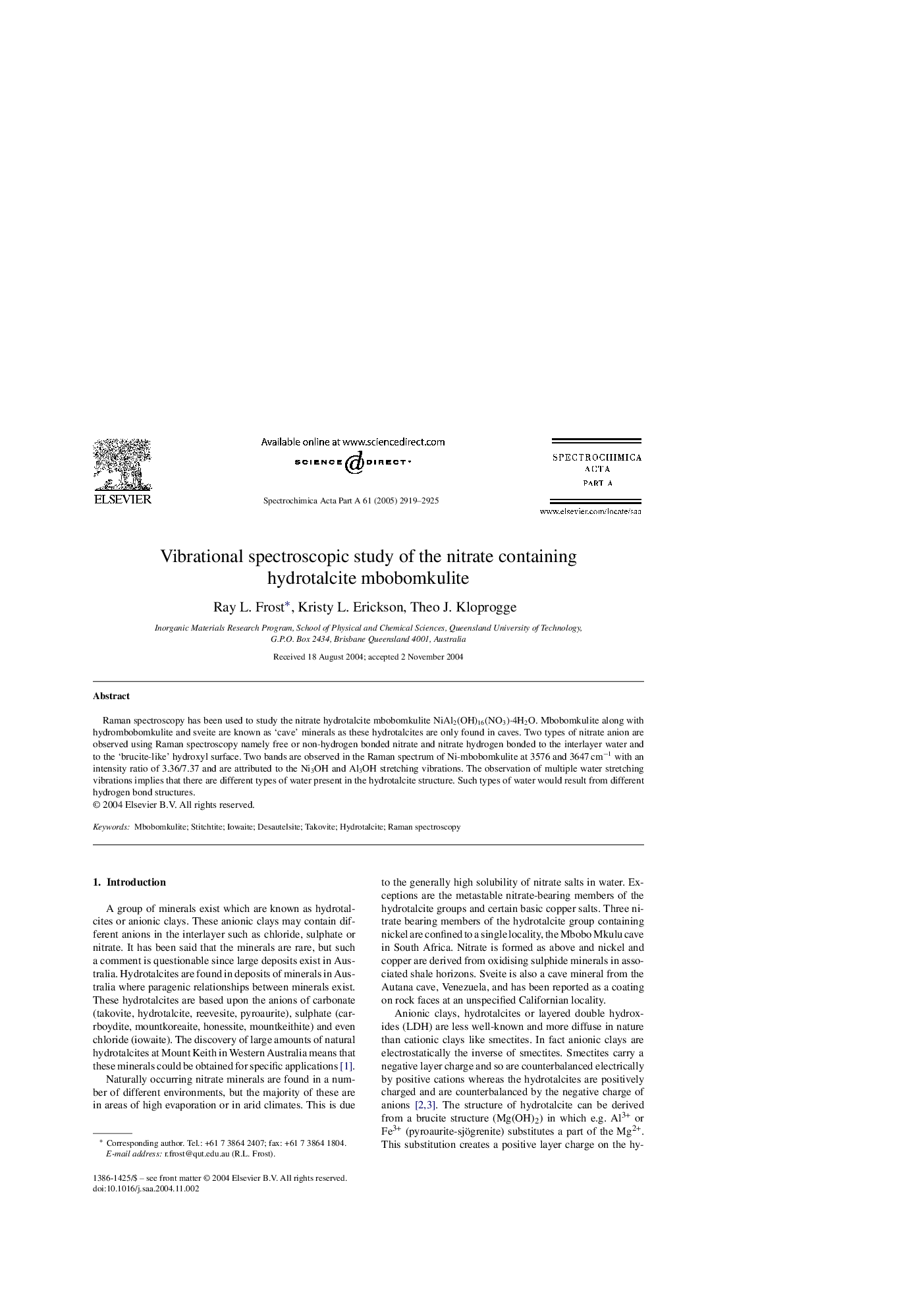 Vibrational spectroscopic study of the nitrate containing hydrotalcite mbobomkulite