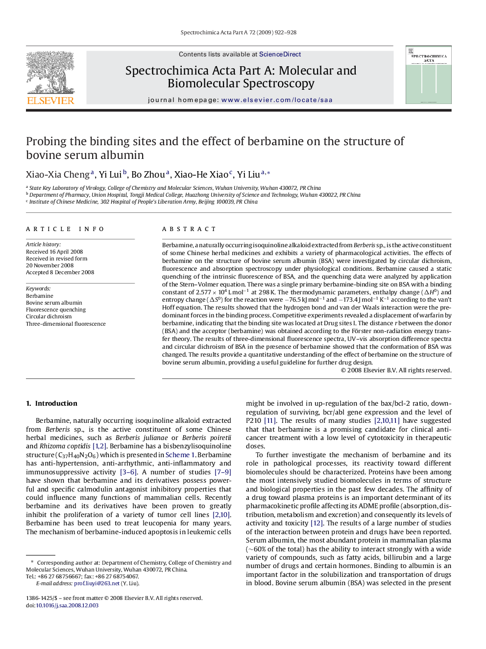 Probing the binding sites and the effect of berbamine on the structure of bovine serum albumin