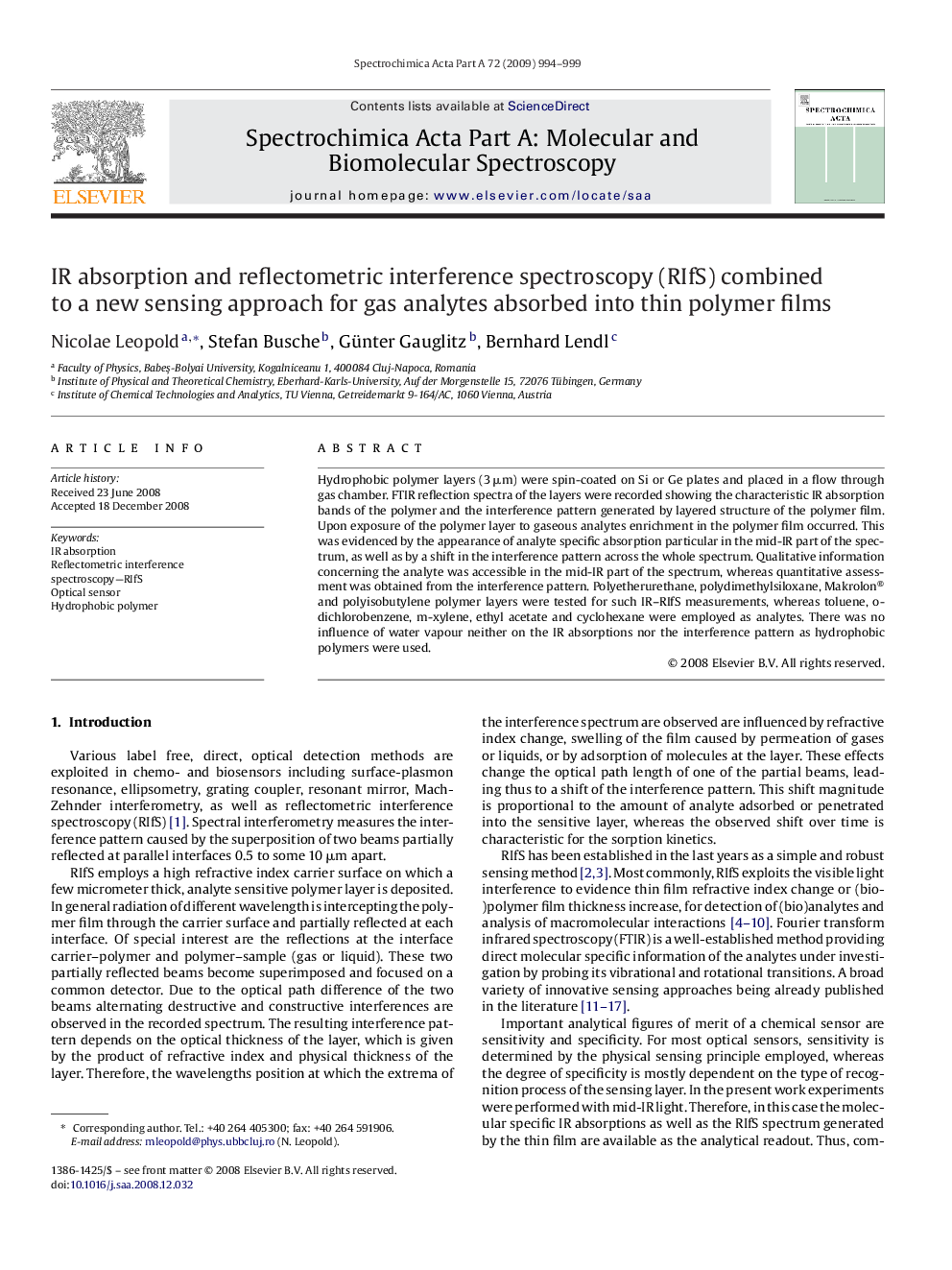 IR absorption and reflectometric interference spectroscopy (RIfS) combined to a new sensing approach for gas analytes absorbed into thin polymer films