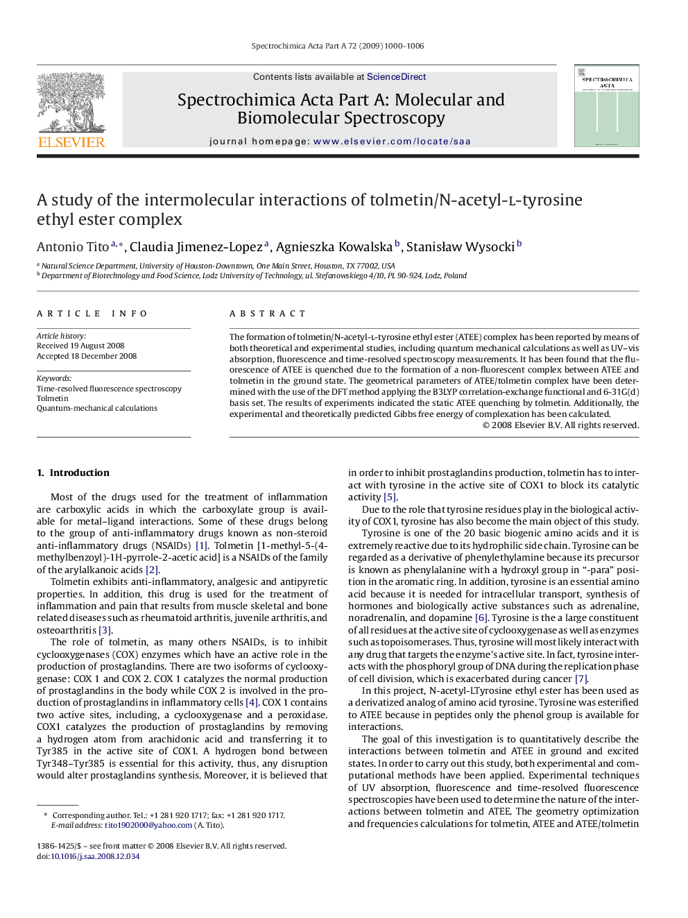 A study of the intermolecular interactions of tolmetin/N-acetyl-l-tyrosine ethyl ester complex