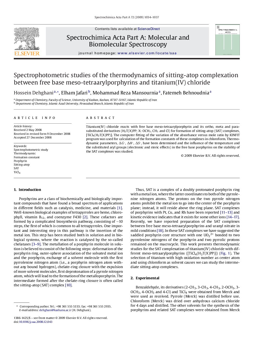 Spectrophotometric studies of the thermodynamics of sitting-atop complexation between free base meso-tetraarylporphyrins and titanium(IV) chloride