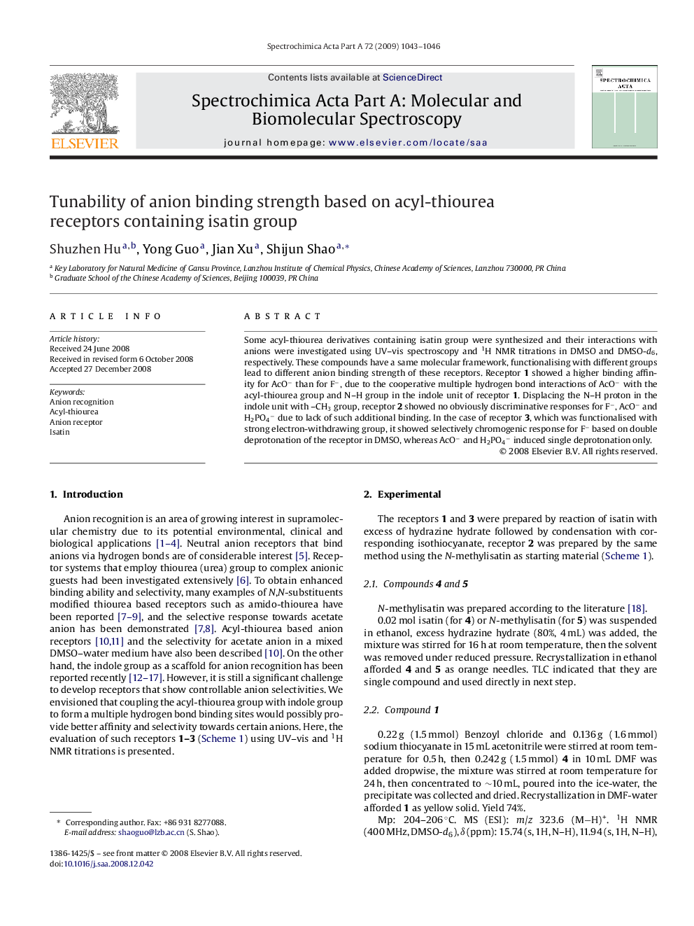 Tunability of anion binding strength based on acyl-thiourea receptors containing isatin group