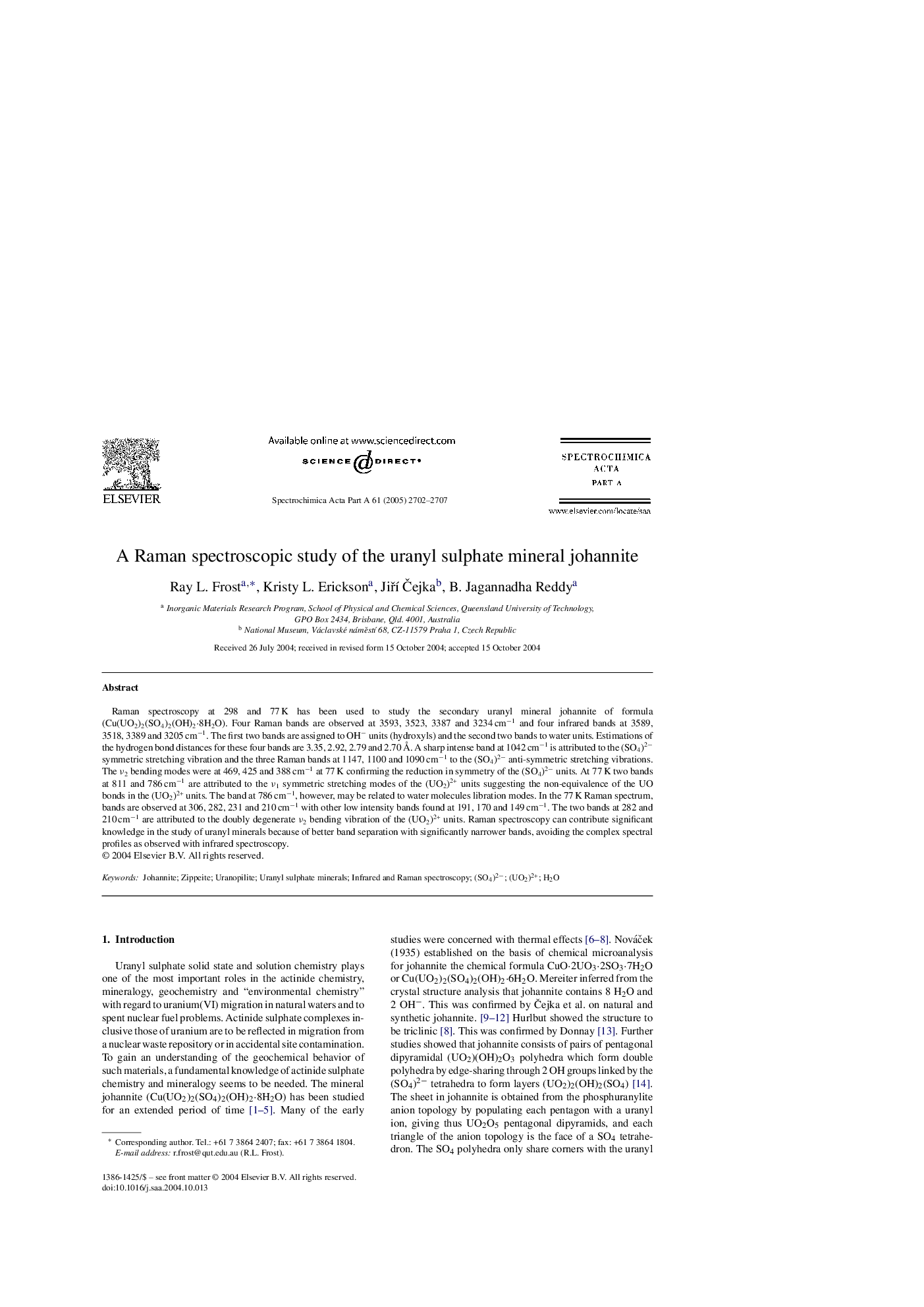 A Raman spectroscopic study of the uranyl sulphate mineral johannite