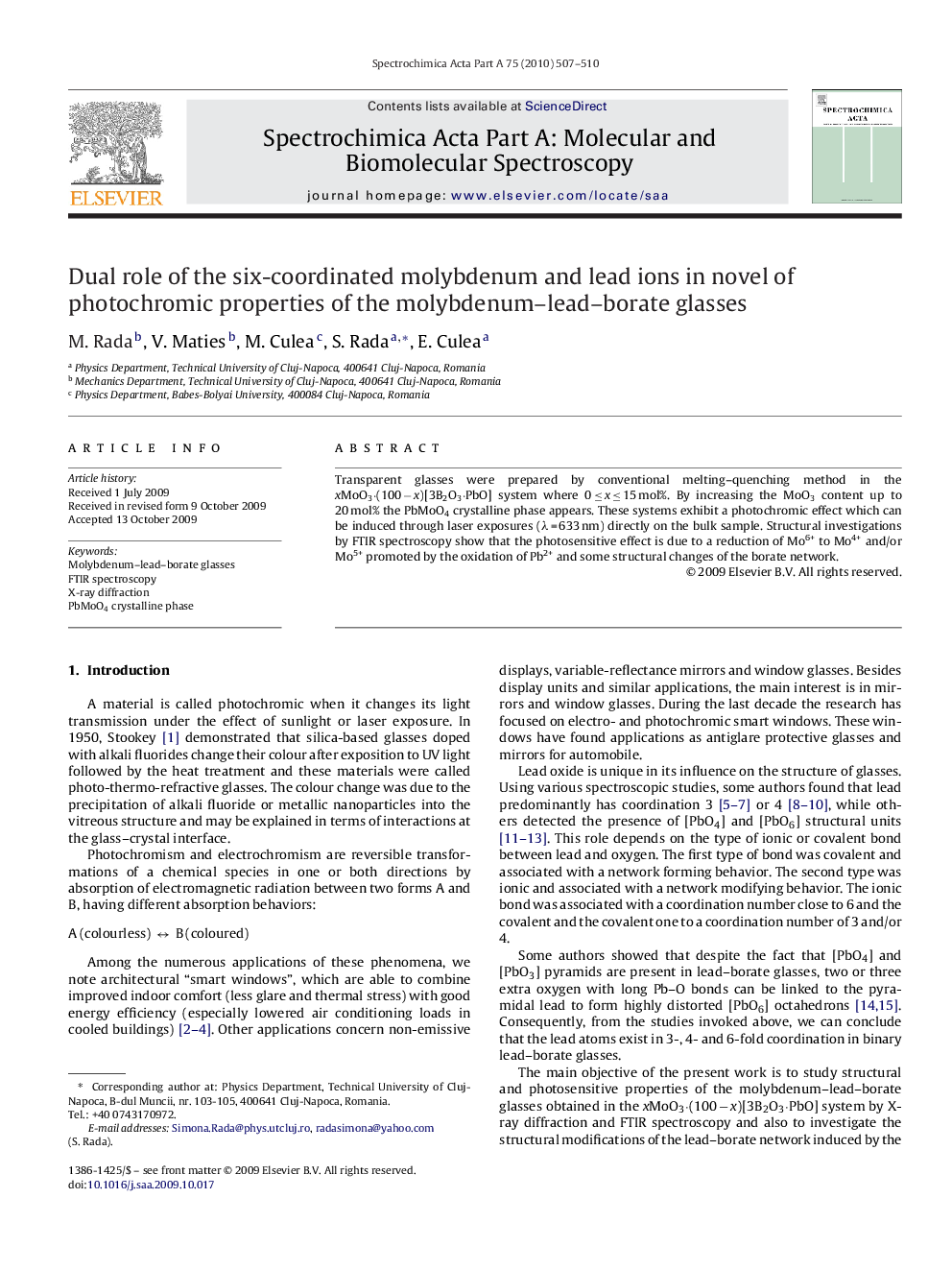 Dual role of the six-coordinated molybdenum and lead ions in novel of photochromic properties of the molybdenum–lead–borate glasses