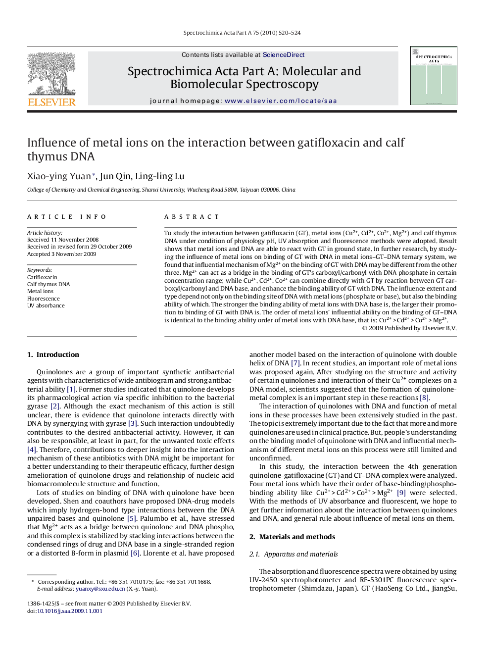 Influence of metal ions on the interaction between gatifloxacin and calf thymus DNA