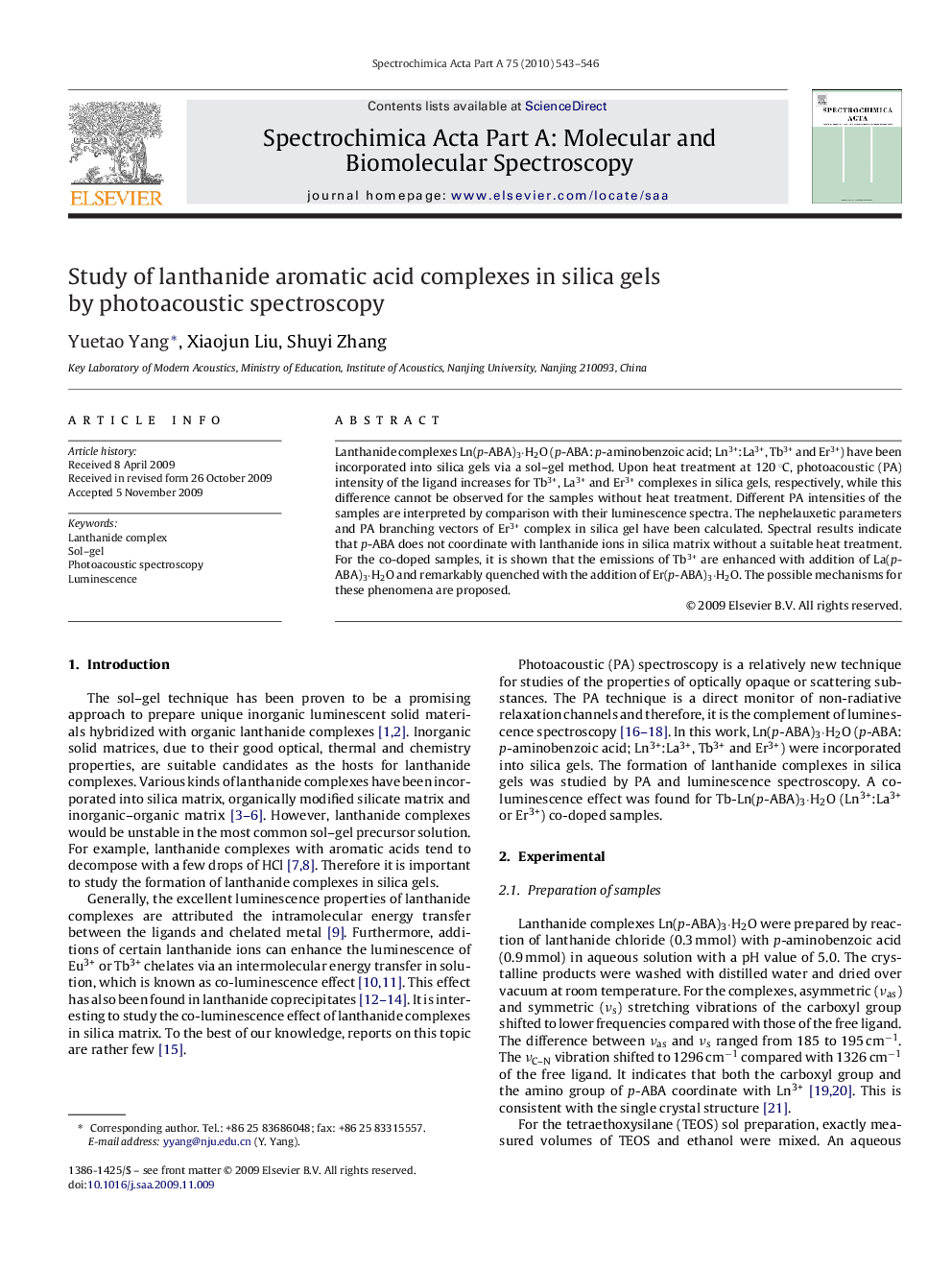 Study of lanthanide aromatic acid complexes in silica gels by photoacoustic spectroscopy