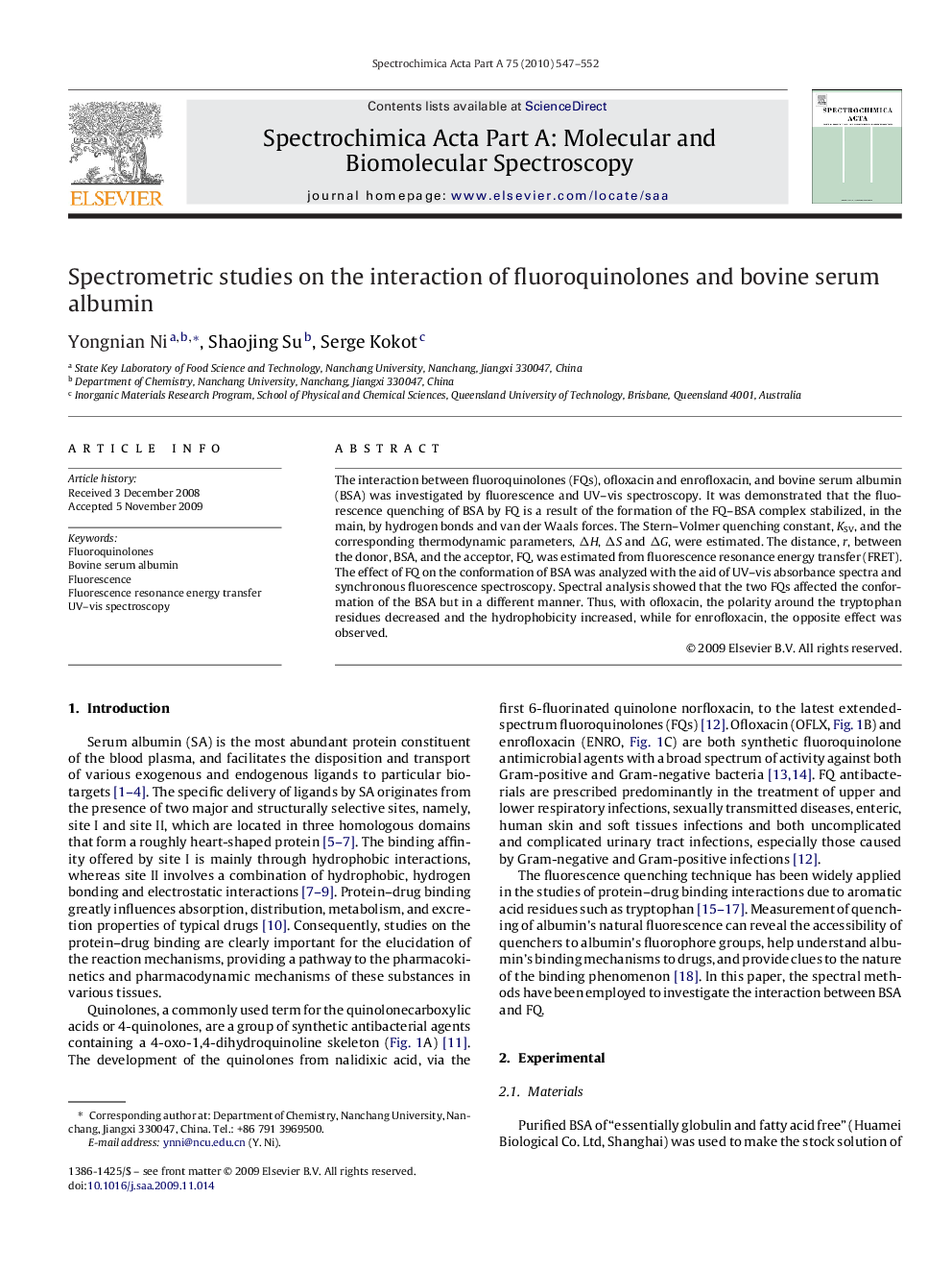 Spectrometric studies on the interaction of fluoroquinolones and bovine serum albumin