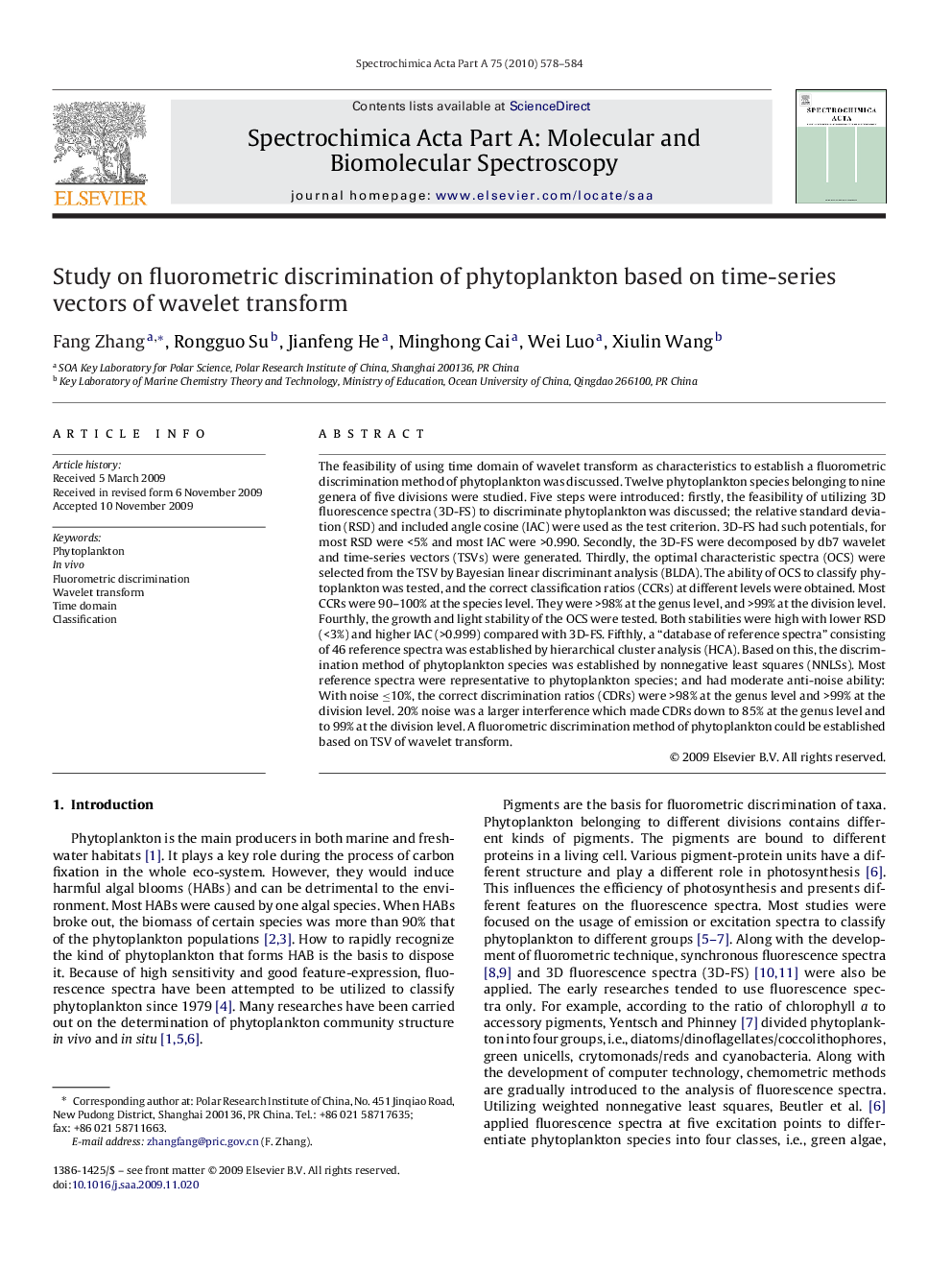 Study on fluorometric discrimination of phytoplankton based on time-series vectors of wavelet transform