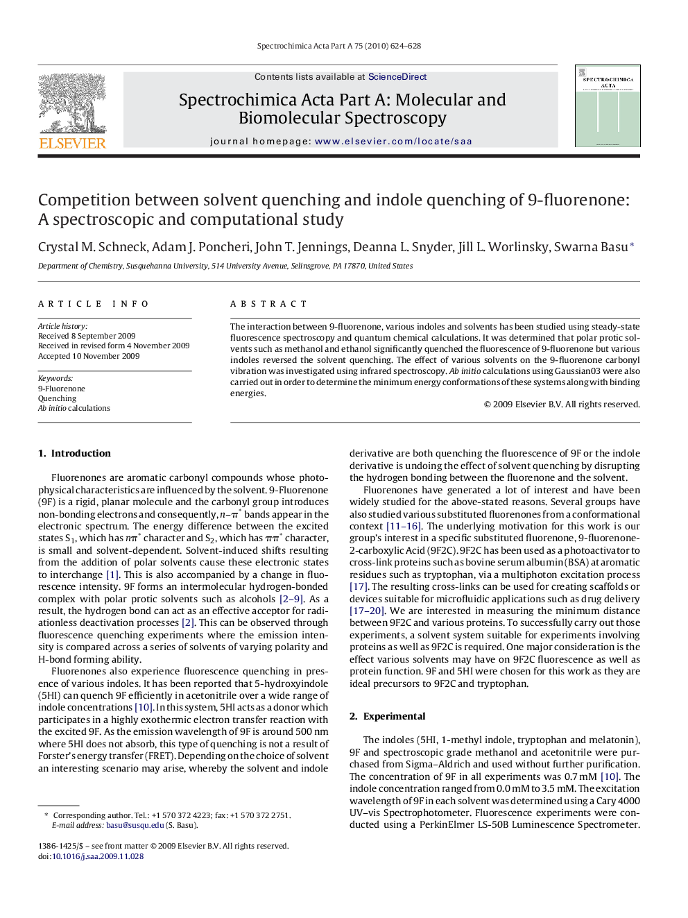 Competition between solvent quenching and indole quenching of 9-fluorenone: A spectroscopic and computational study