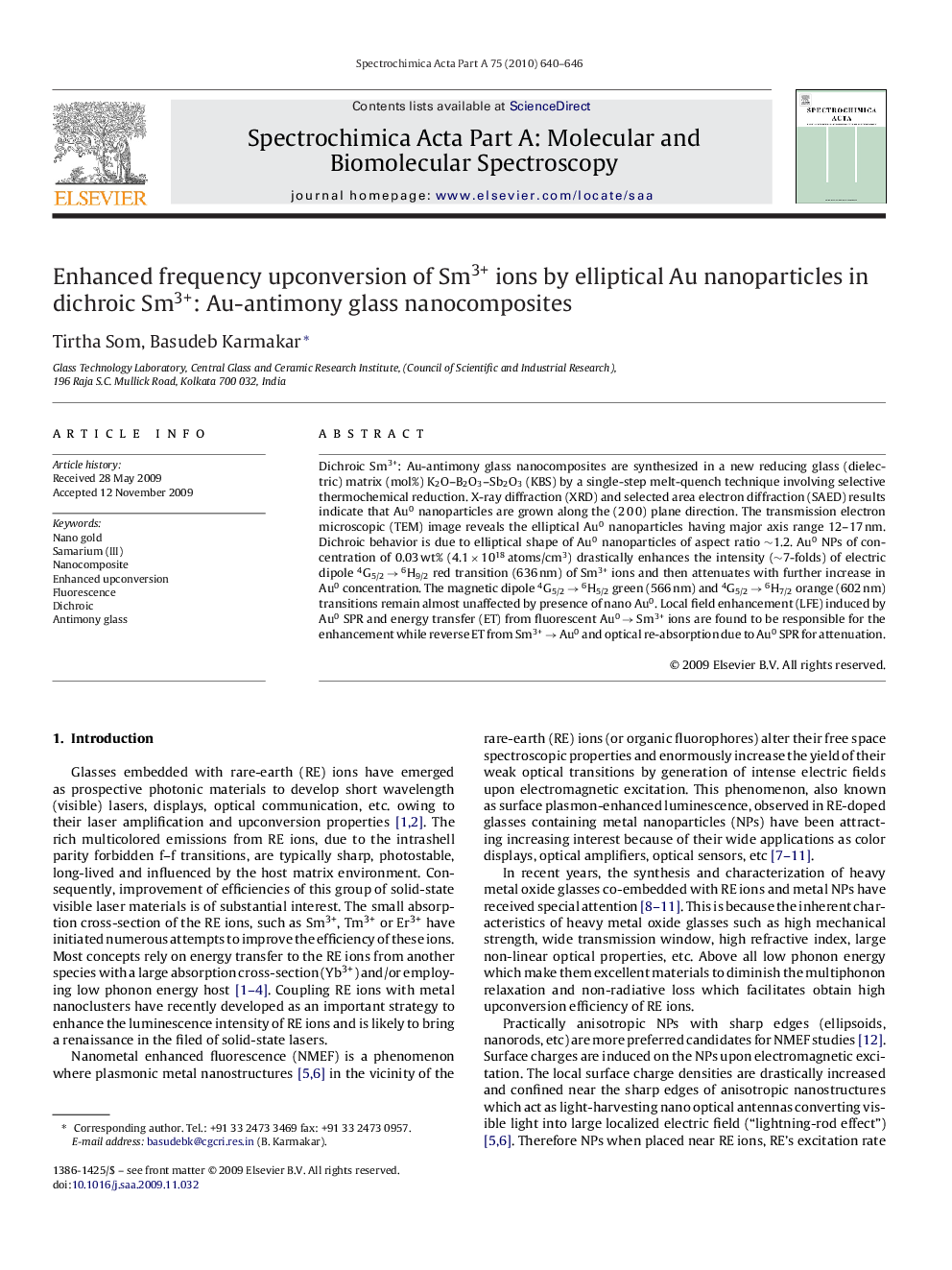 Enhanced frequency upconversion of Sm3+ ions by elliptical Au nanoparticles in dichroic Sm3+: Au-antimony glass nanocomposites