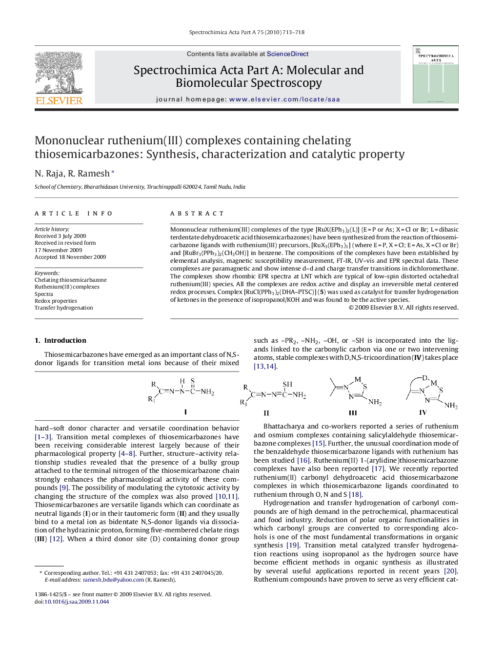 Mononuclear ruthenium(III) complexes containing chelating thiosemicarbazones: Synthesis, characterization and catalytic property