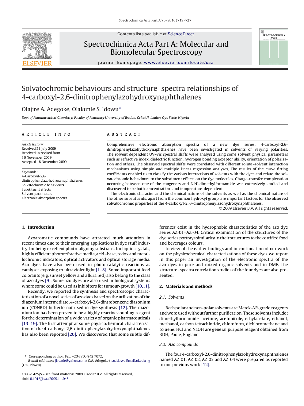 Solvatochromic behaviours and structure–spectra relationships of 4-carboxyl-2,6-dinitrophenylazohydroxynaphthalenes