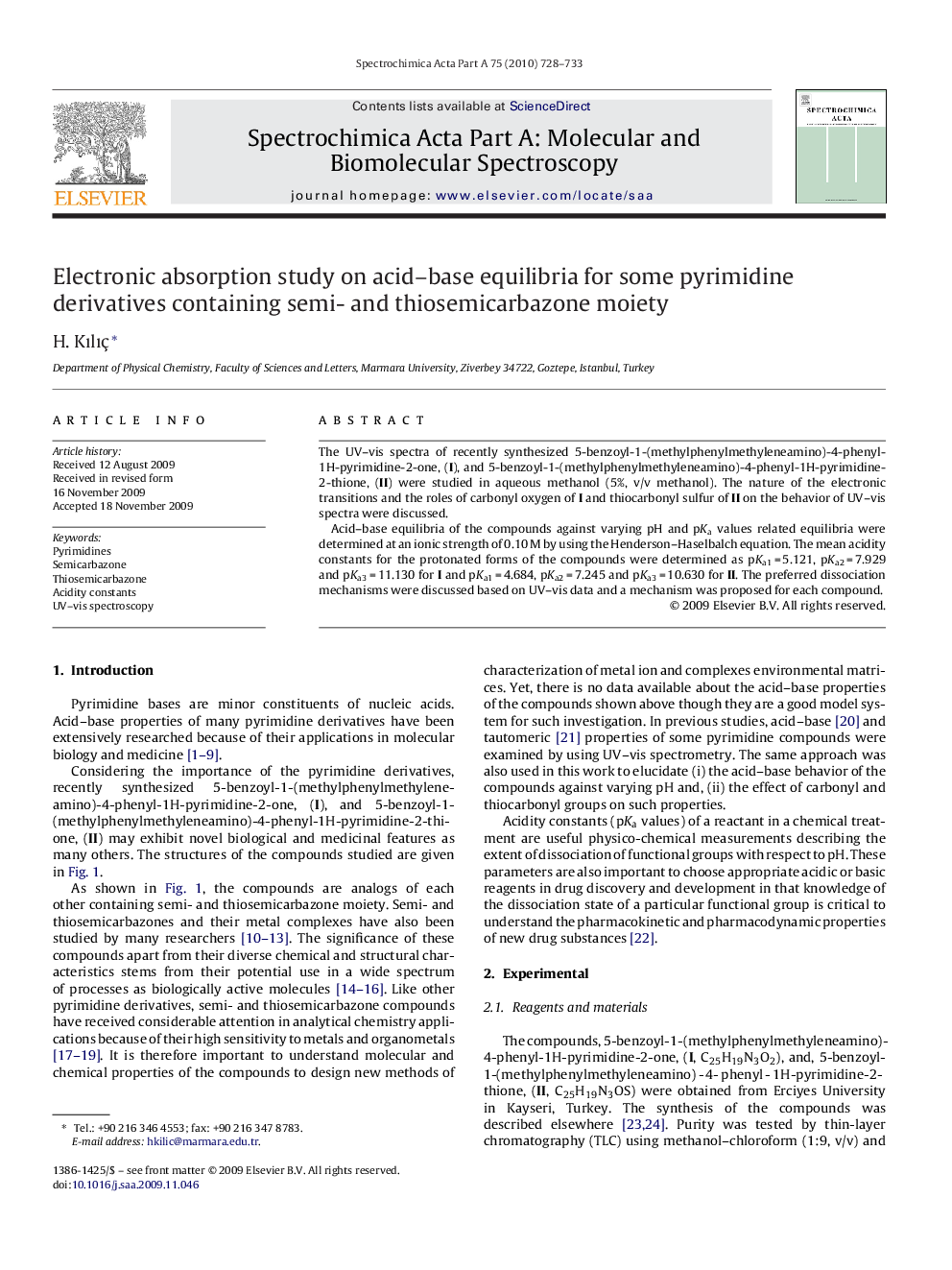 Electronic absorption study on acid–base equilibria for some pyrimidine derivatives containing semi- and thiosemicarbazone moiety