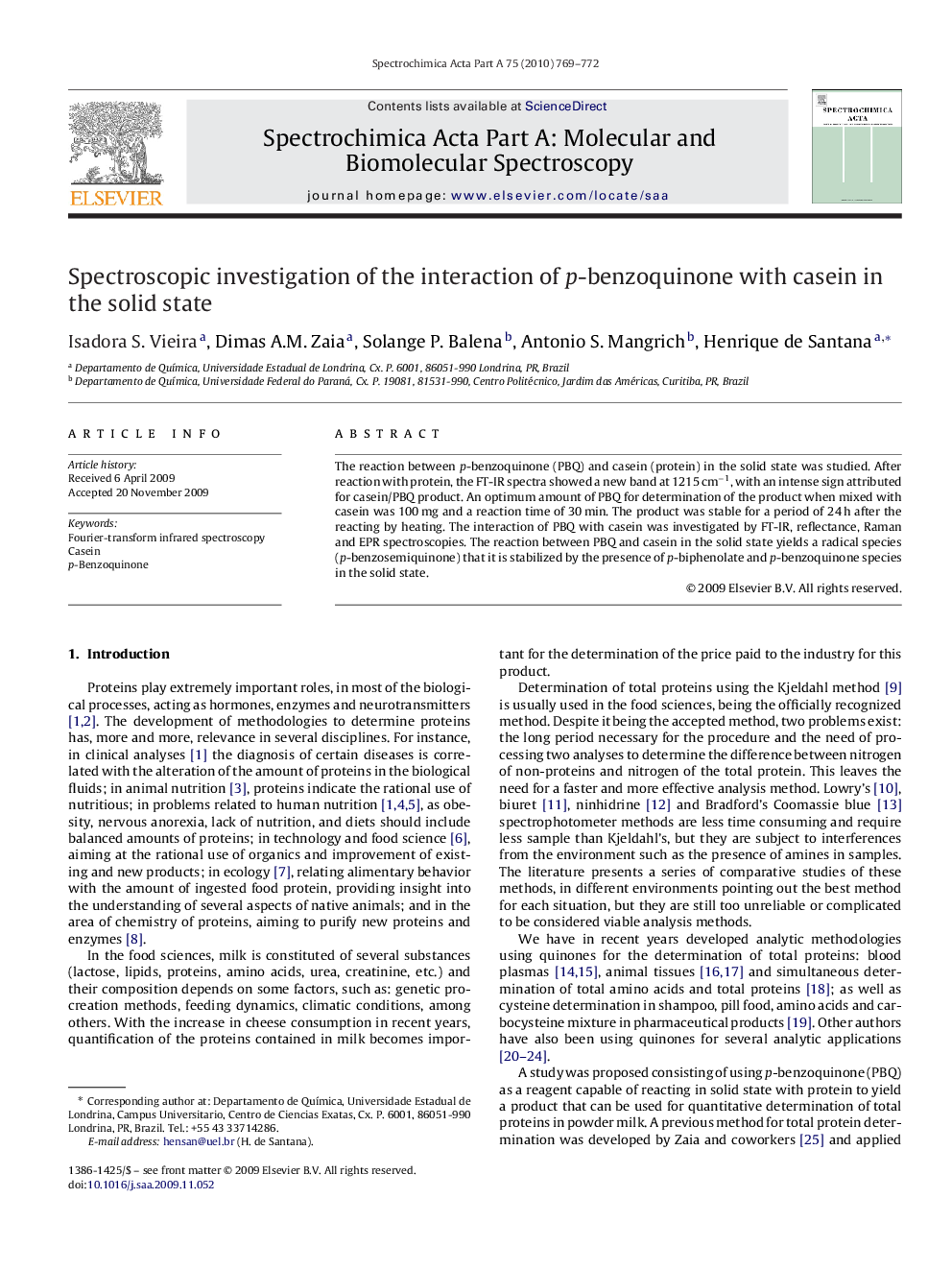 Spectroscopic investigation of the interaction of p-benzoquinone with casein in the solid state