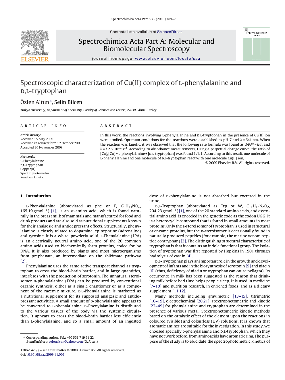 Spectroscopic characterization of Cu(II) complex of l-phenylalanine and d,l-tryptophan