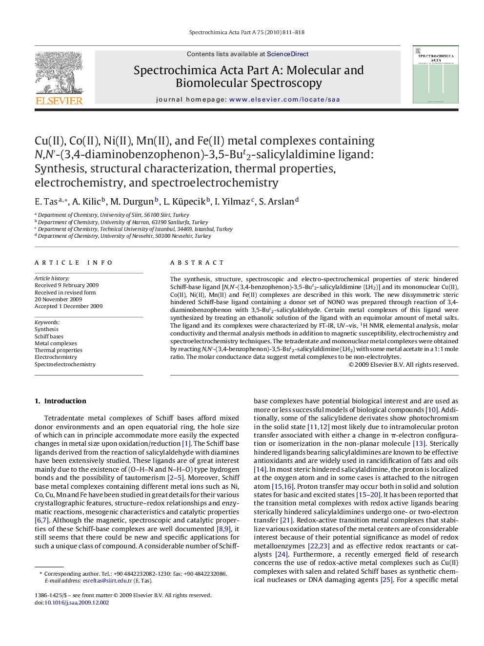 Cu(II), Co(II), Ni(II), Mn(II), and Fe(II) metal complexes containing N,N′-(3,4-diaminobenzophenon)-3,5-But2-salicylaldimine ligand: Synthesis, structural characterization, thermal properties, electrochemistry, and spectroelectrochemistry