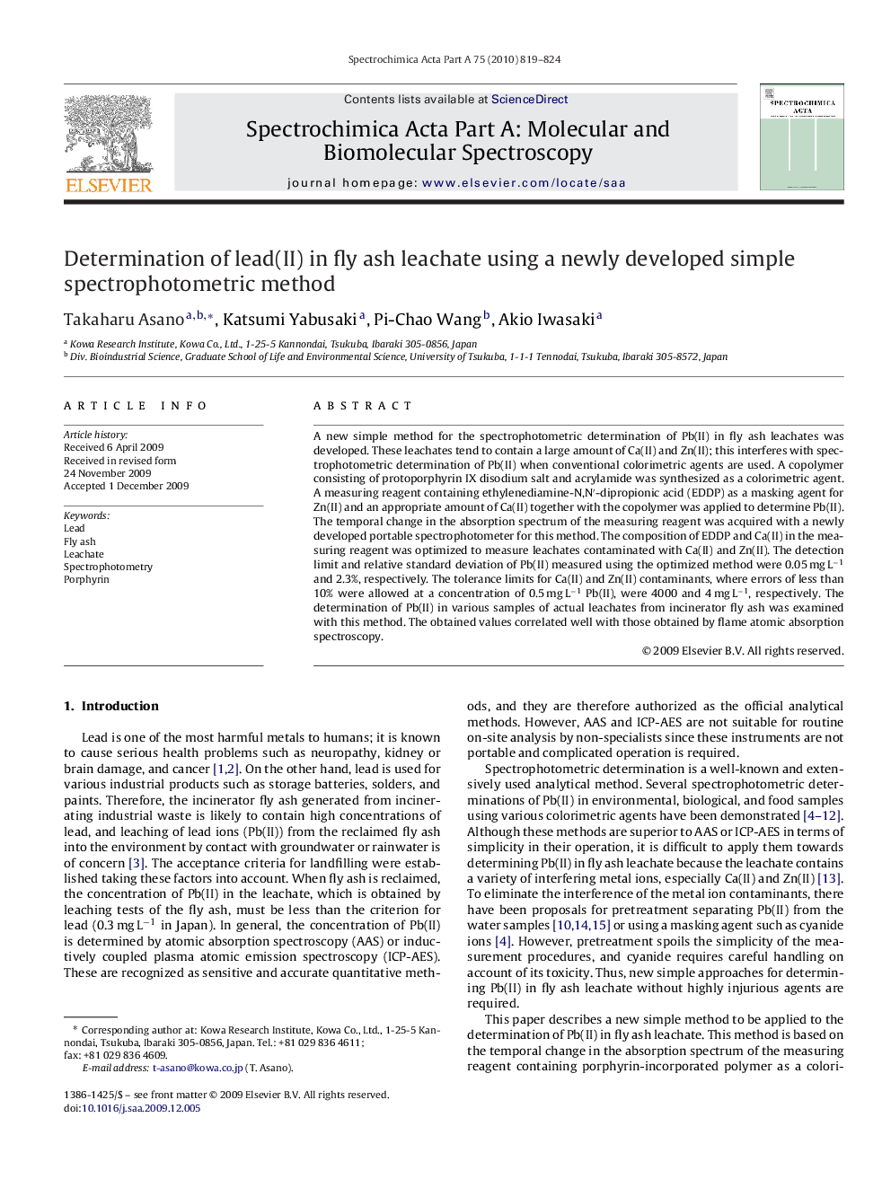 Determination of lead(II) in fly ash leachate using a newly developed simple spectrophotometric method