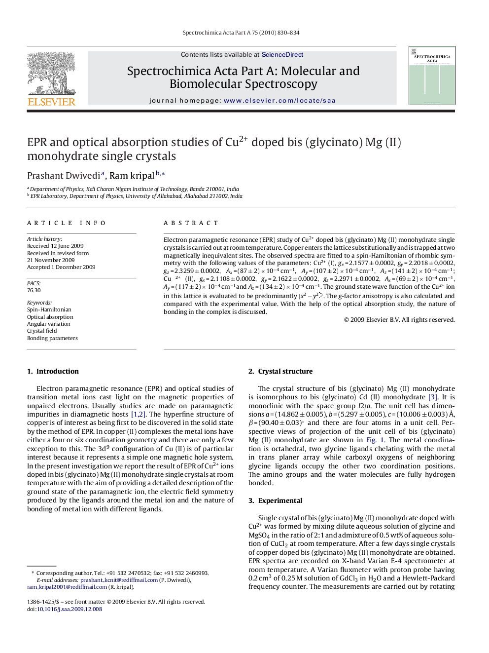 EPR and optical absorption studies of Cu2+ doped bis (glycinato) Mg (II) monohydrate single crystals