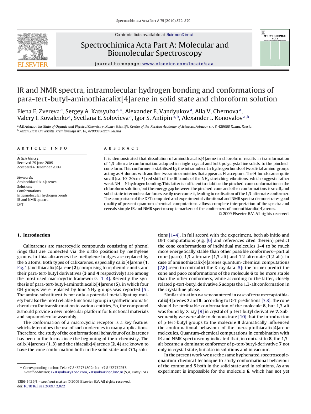 IR and NMR spectra, intramolecular hydrogen bonding and conformations of para-tert-butyl-aminothiacalix[4]arene in solid state and chloroform solution