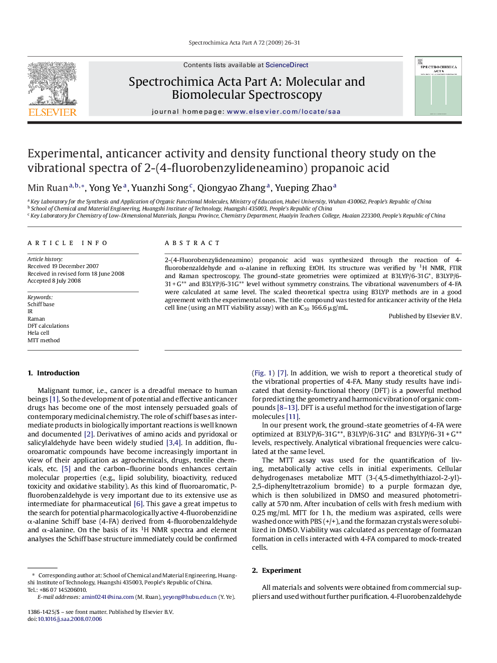 Experimental, anticancer activity and density functional theory study on the vibrational spectra of 2-(4-fluorobenzylideneamino) propanoic acid