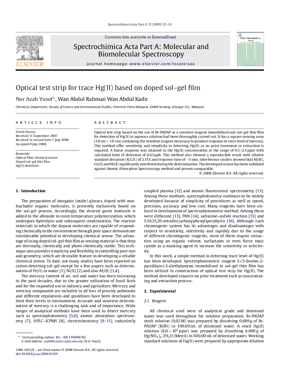 Optical test strip for trace Hg(II) based on doped sol-gel film