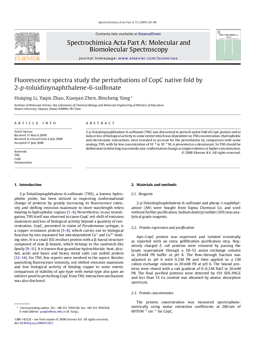 Fluorescence spectra study the perturbations of CopC native fold by 2-p-toluidinynaphthalene-6-sulfonate