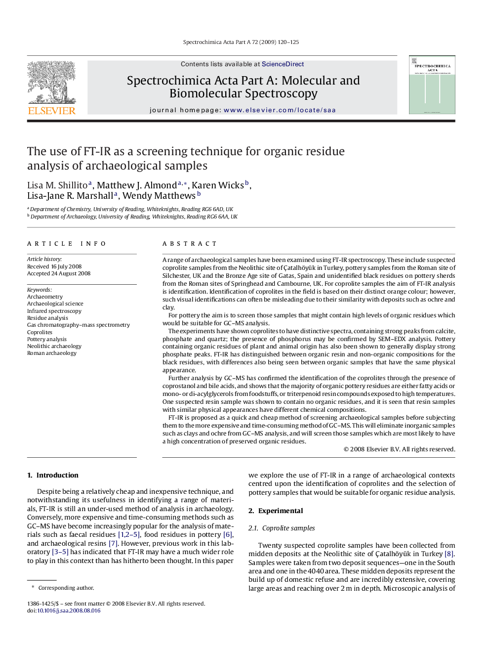 The use of FT-IR as a screening technique for organic residue analysis of archaeological samples