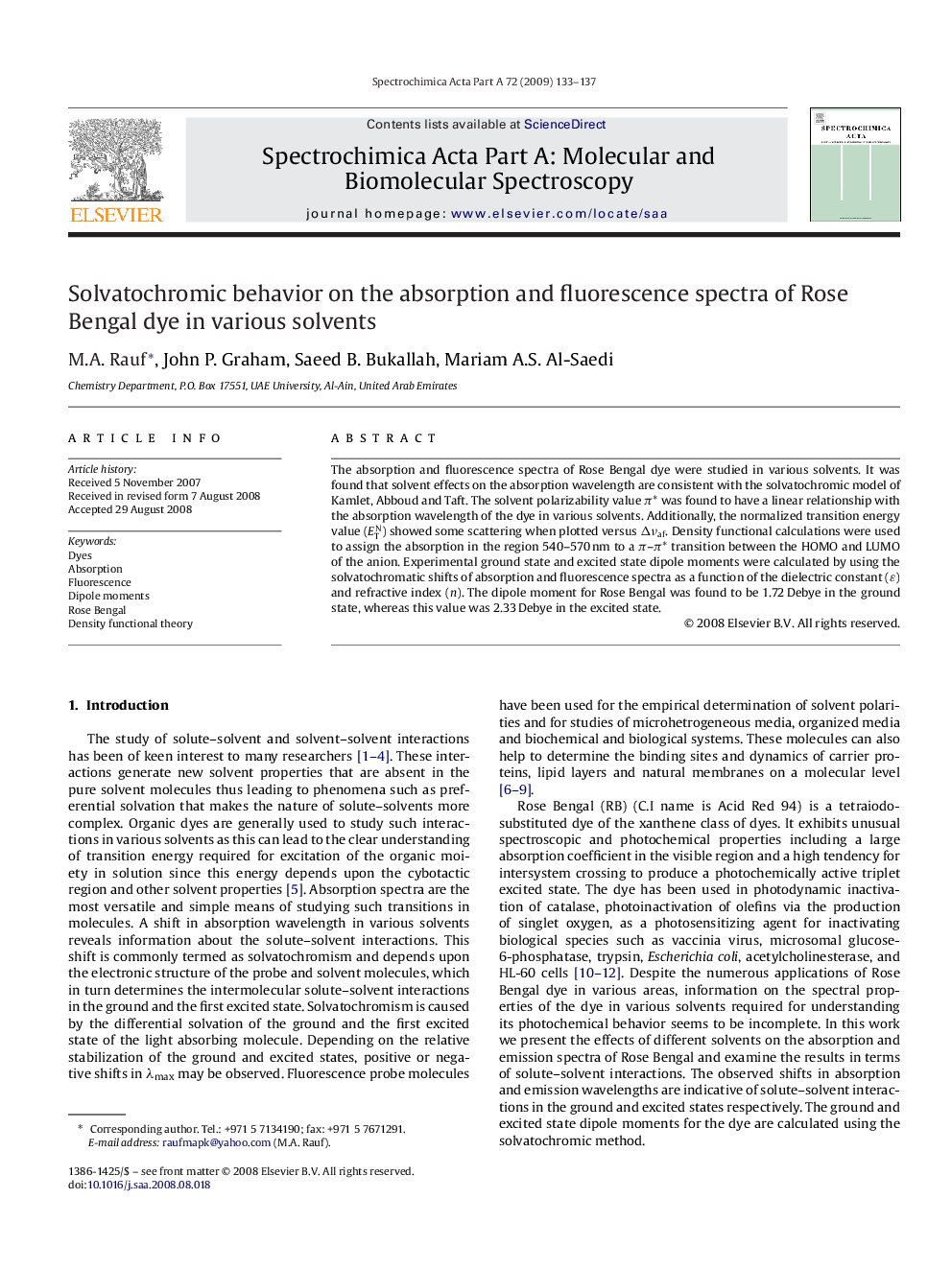 Solvatochromic behavior on the absorption and fluorescence spectra of Rose Bengal dye in various solvents