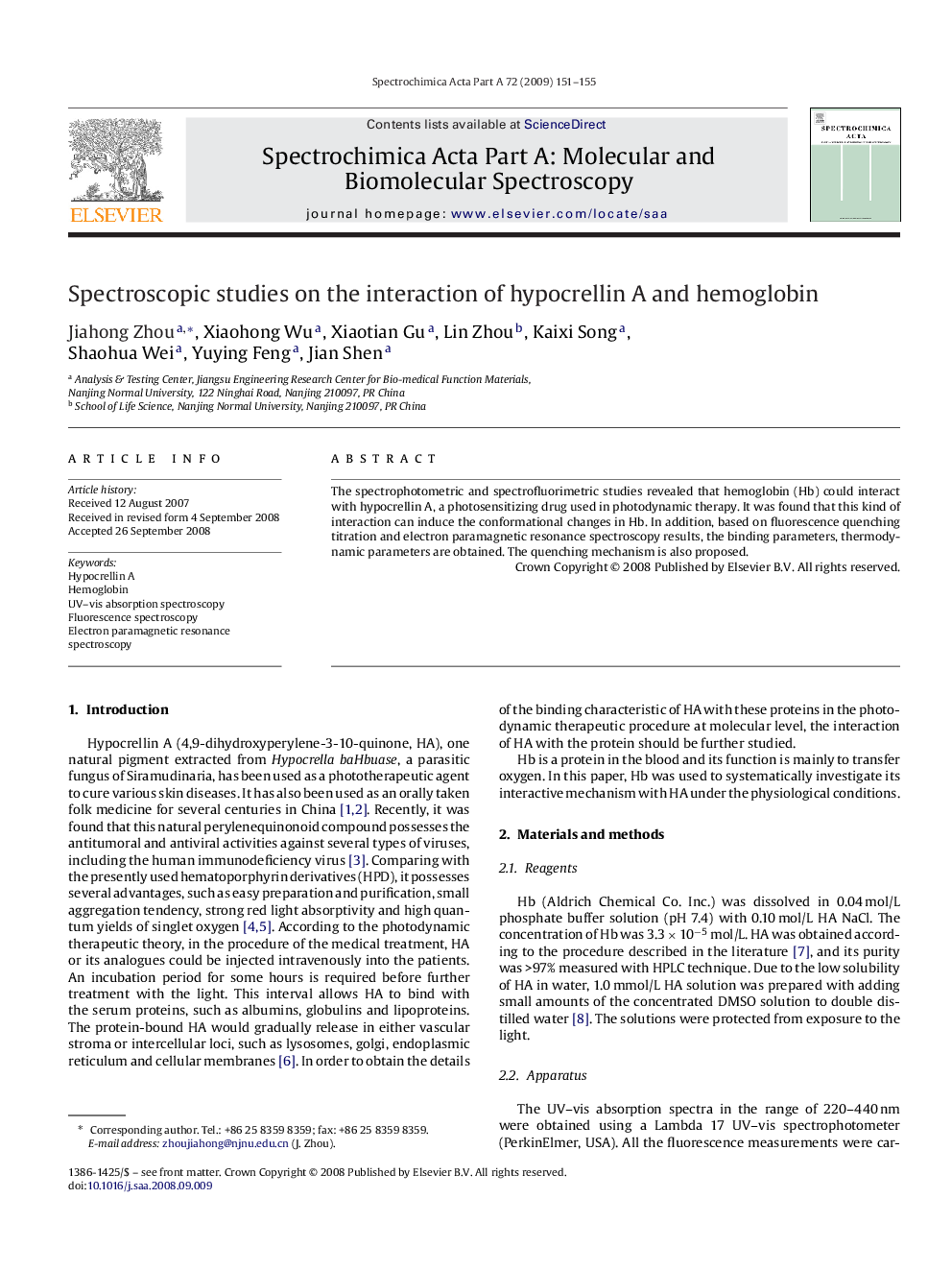 Spectroscopic studies on the interaction of hypocrellin A and hemoglobin