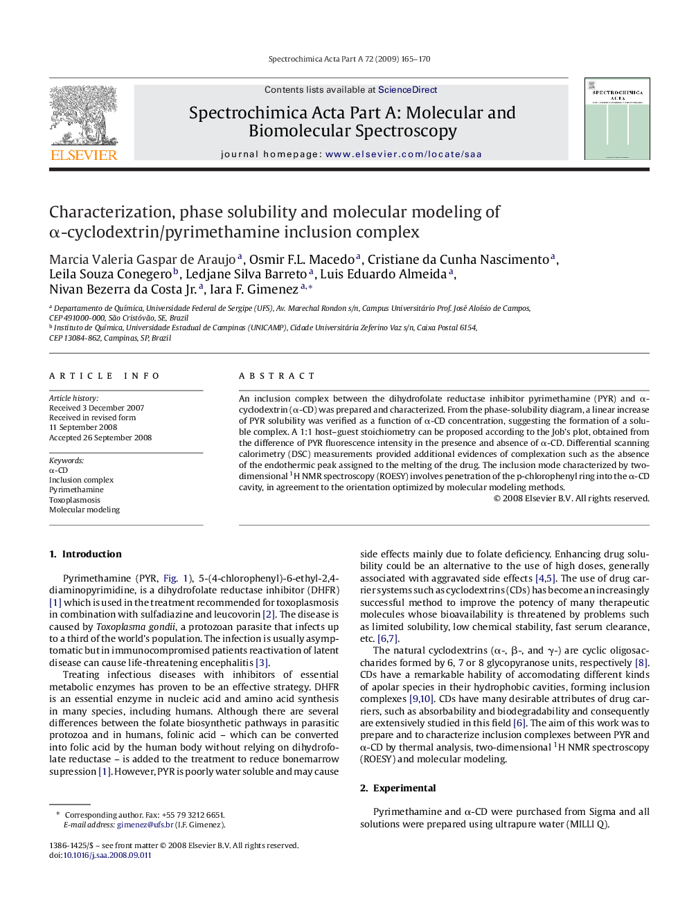 Characterization, phase solubility and molecular modeling of α-cyclodextrin/pyrimethamine inclusion complex