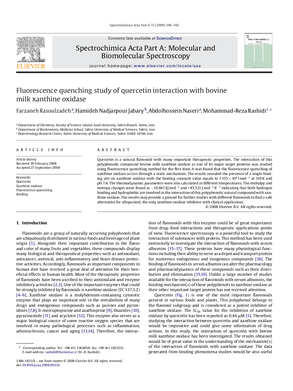 Fluorescence quenching study of quercetin interaction with bovine milk xanthine oxidase