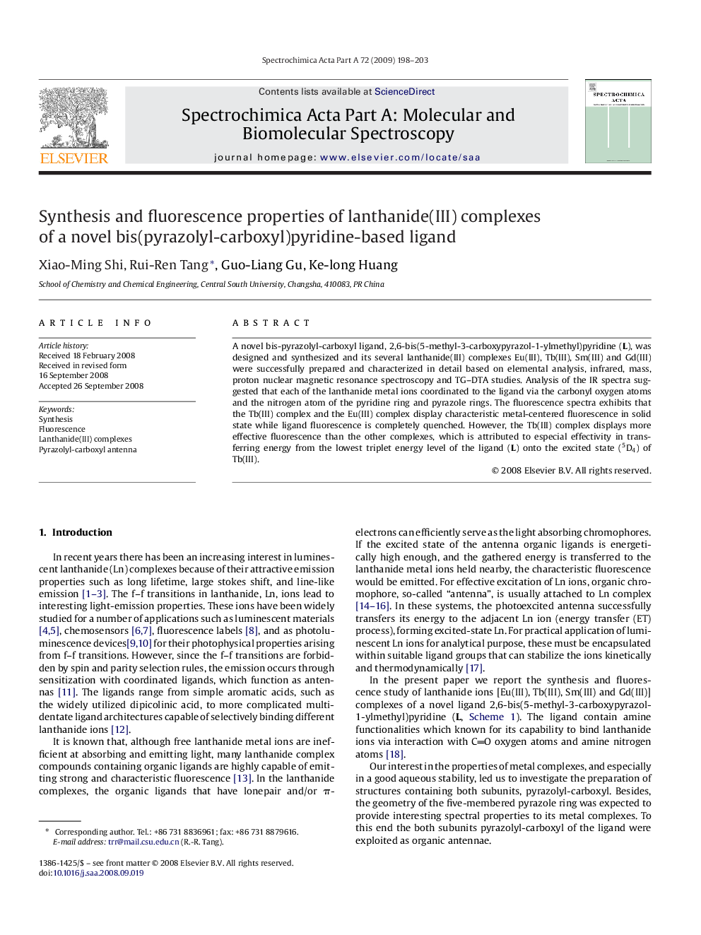 Synthesis and fluorescence properties of lanthanide(III) complexes of a novel bis(pyrazolyl-carboxyl)pyridine-based ligand