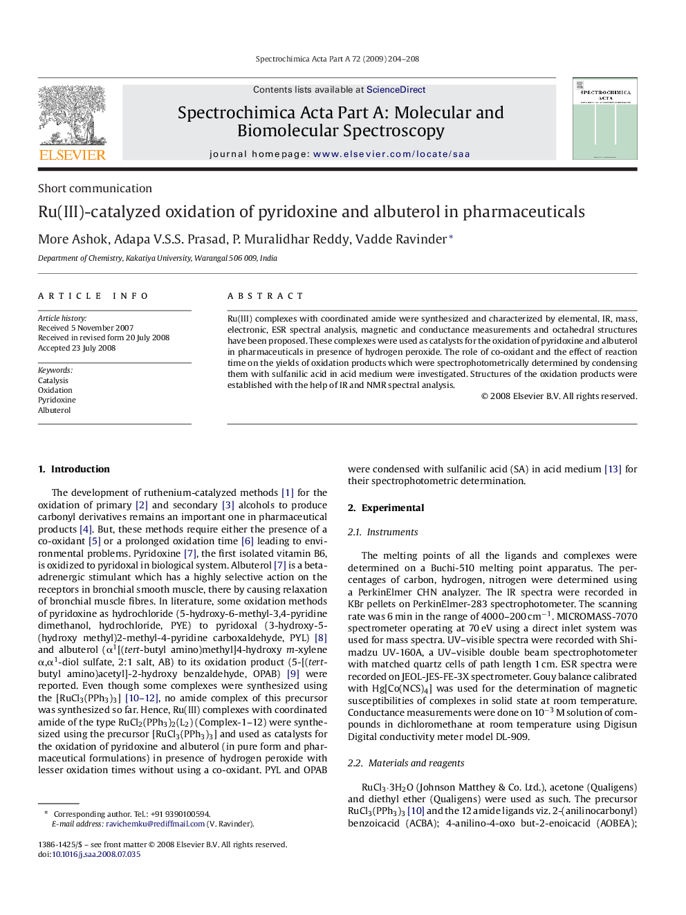 Ru(III)-catalyzed oxidation of pyridoxine and albuterol in pharmaceuticals