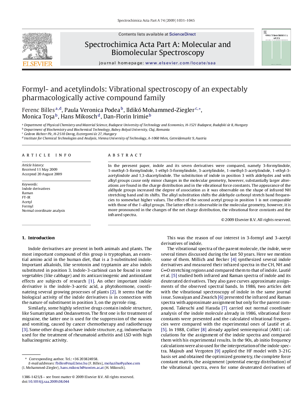 Formyl- and acetylindols: Vibrational spectroscopy of an expectably pharmacologically active compound family