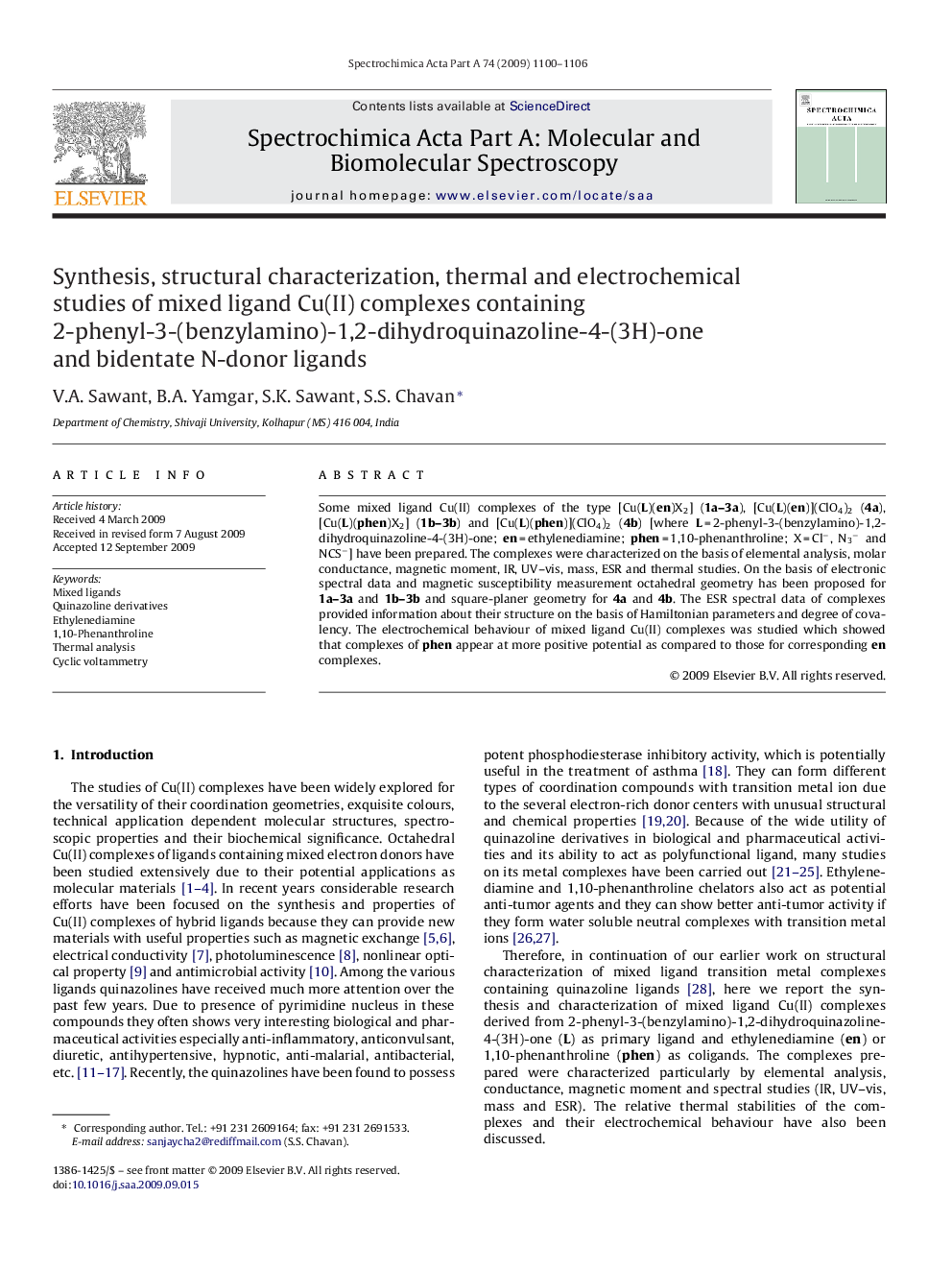 Synthesis, structural characterization, thermal and electrochemical studies of mixed ligand Cu(II) complexes containing 2-phenyl-3-(benzylamino)-1,2-dihydroquinazoline-4-(3H)-one and bidentate N-donor ligands