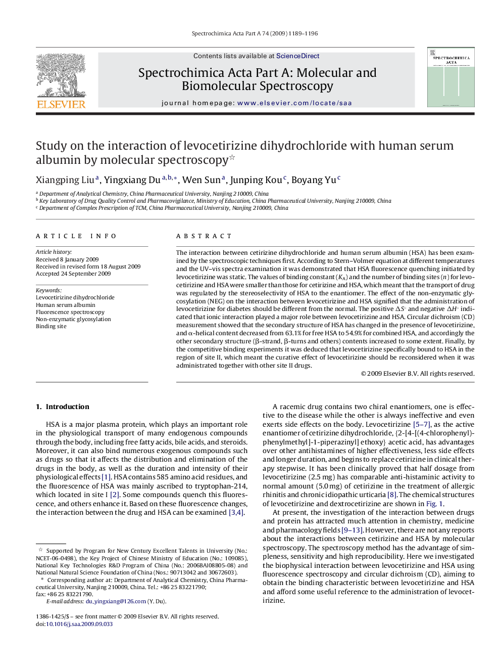 Study on the interaction of levocetirizine dihydrochloride with human serum albumin by molecular spectroscopy 