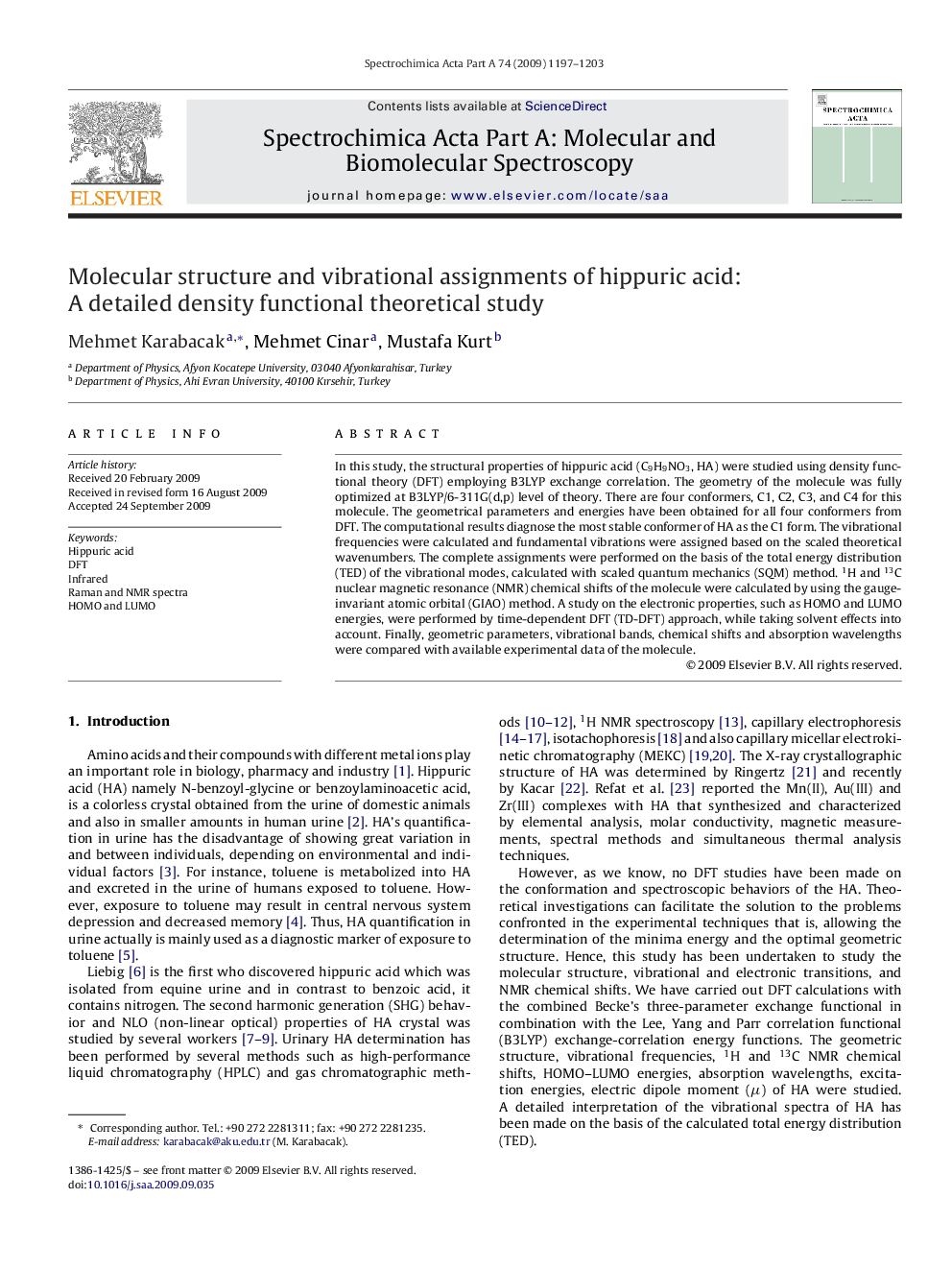 Molecular structure and vibrational assignments of hippuric acid: A detailed density functional theoretical study