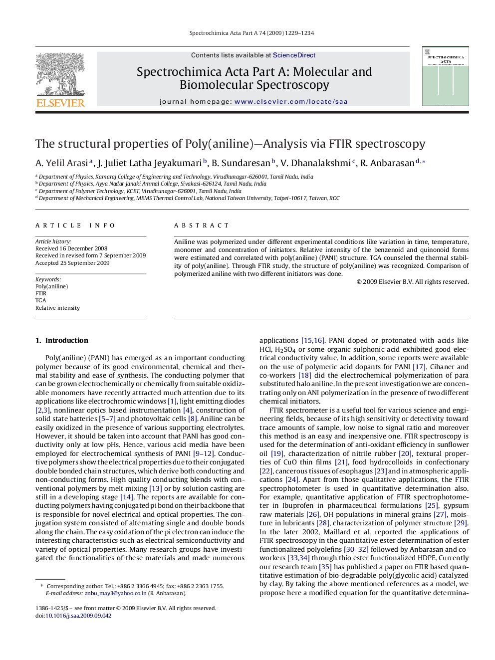 The structural properties of Poly(aniline)—Analysis via FTIR spectroscopy