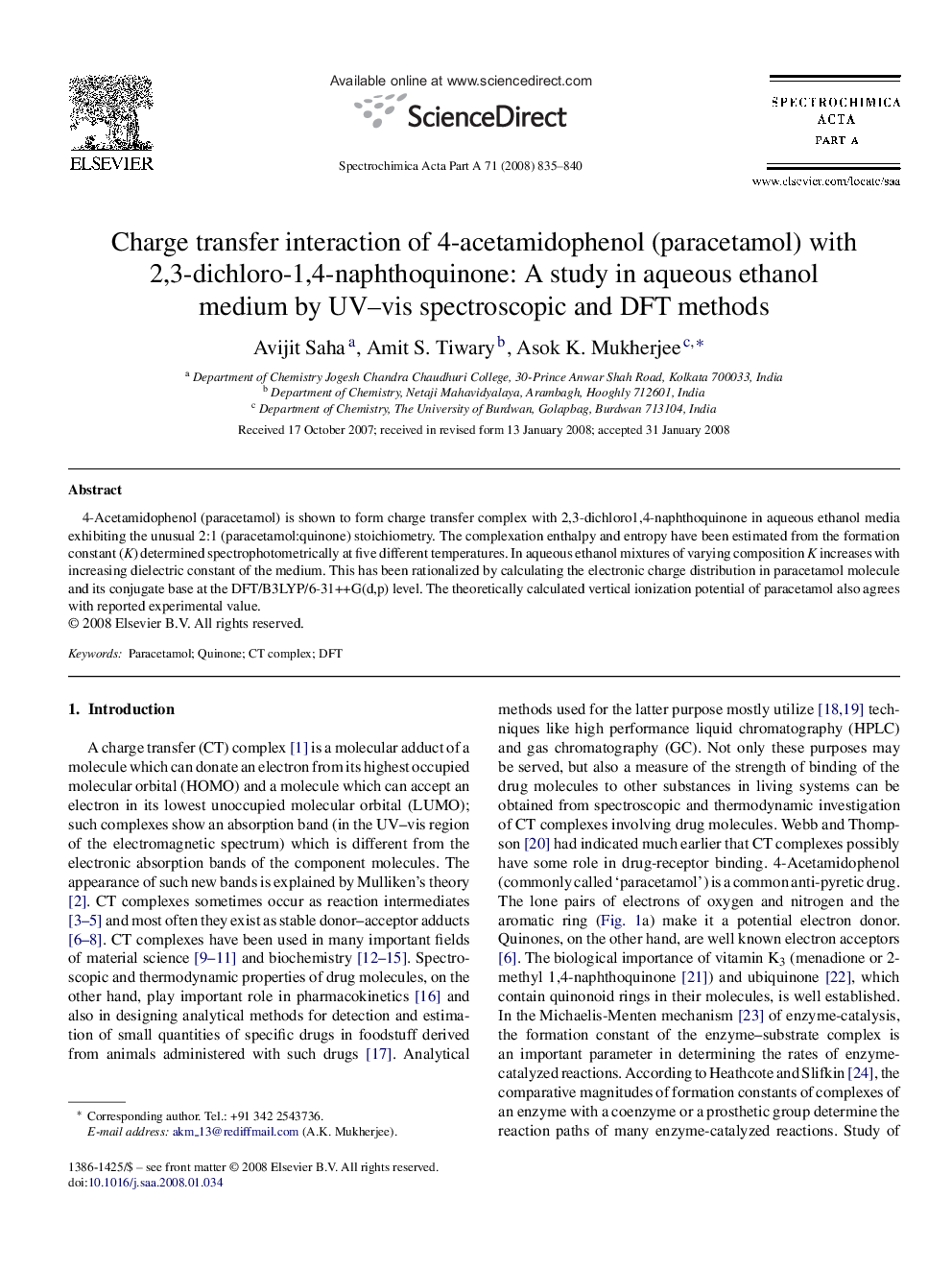 Charge transfer interaction of 4-acetamidophenol (paracetamol) with 2,3-dichloro-1,4-naphthoquinone: A study in aqueous ethanol medium by UV–vis spectroscopic and DFT methods