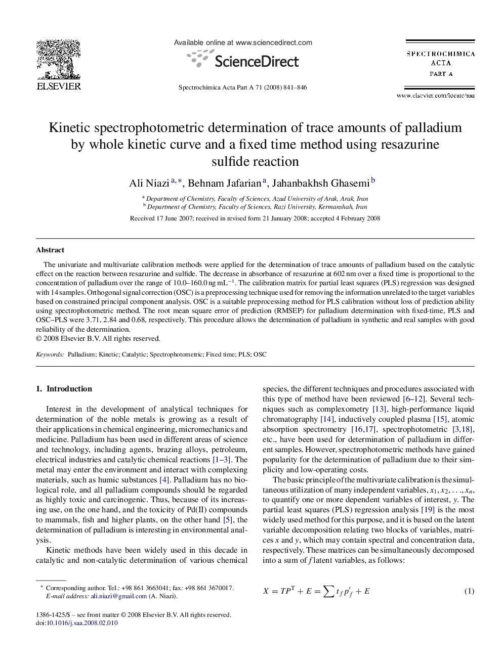 Kinetic spectrophotometric determination of trace amounts of palladium by whole kinetic curve and a fixed time method using resazurine sulfide reaction