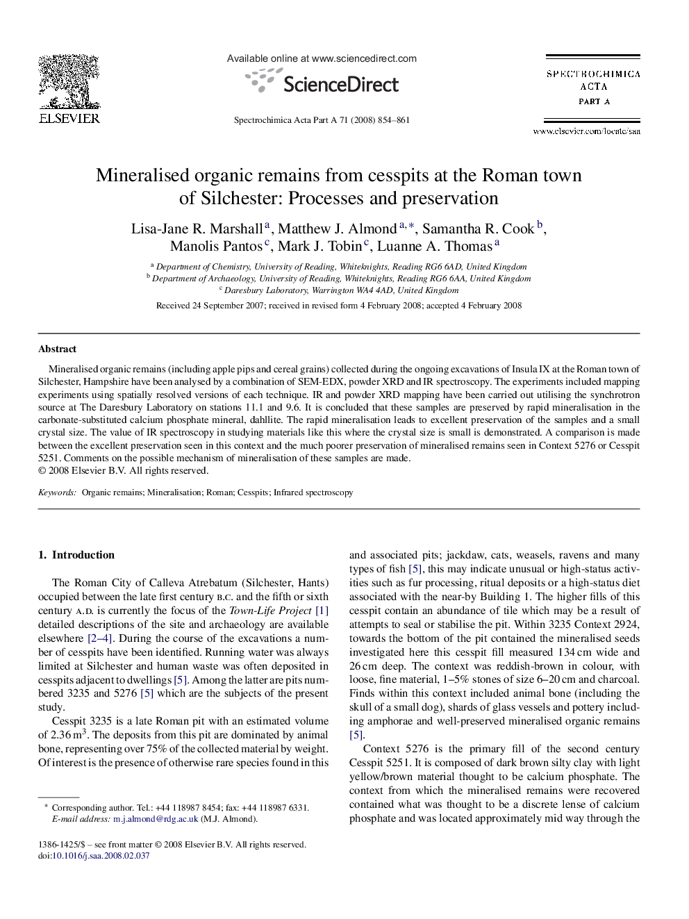 Mineralised organic remains from cesspits at the Roman town of Silchester: Processes and preservation